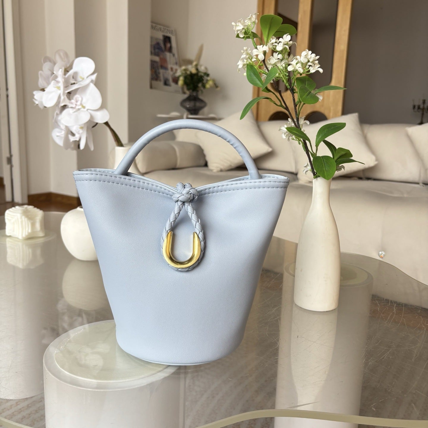 2025新款跨境编织绳结水桶包真皮手拎菜篮子包单肩斜挎小包包女