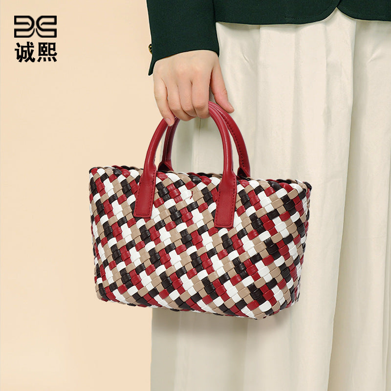 跨境2025新款撞色女士手提包时尚潮流手工编织包高级感单肩斜跨包