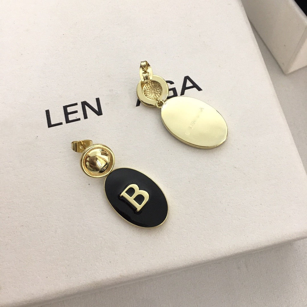 巴黎家新款B字母黑色椭圆形耳环女网红长款时尚耳钉欧美小众耳饰