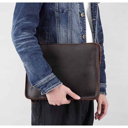 疯马皮牛皮单肩斜挎包男士手工真皮手拿复古ipad公文包A4文件袋女