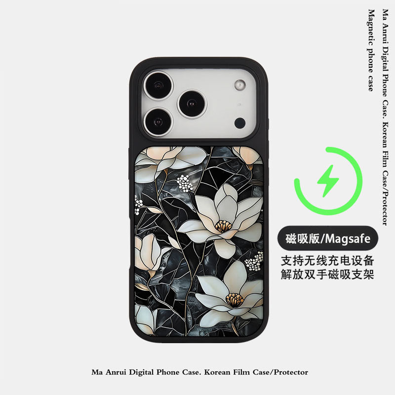 外贸跨境花朵适用苹果16pro晶瓷手机壳iPhone17亚克力PC磨砂防摔