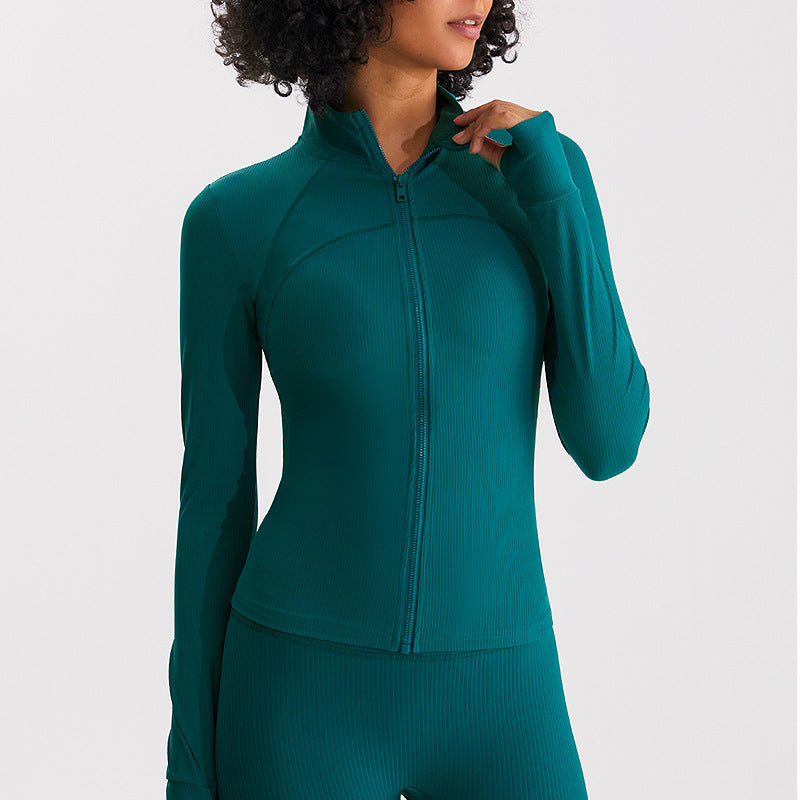 瑜伽外套女吸湿速干跑步健身服训练卫衣高弹裸感罗纹修身运动上衣