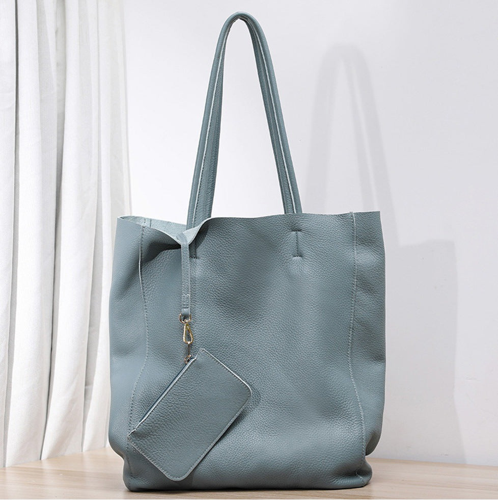 韩版大容量通勤包妈咪购物包牛皮简约真皮托特包单肩斜跨笔记本包