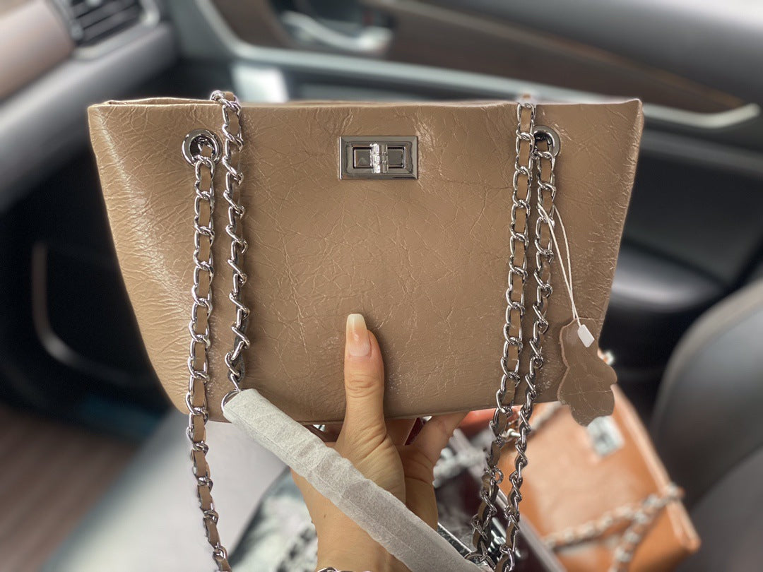 新款爆裂纹头层牛皮小香风链条女包杨树林流浪包单肩斜挎包女潮包