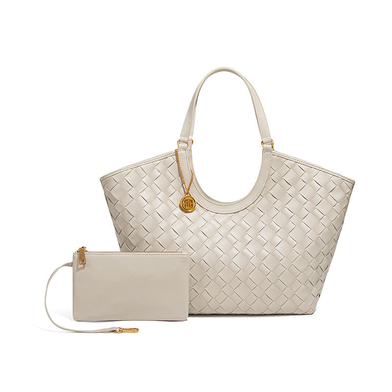 简约大容量通勤菜篮子手拎女包手工编织包休闲百搭纯色子母托特包