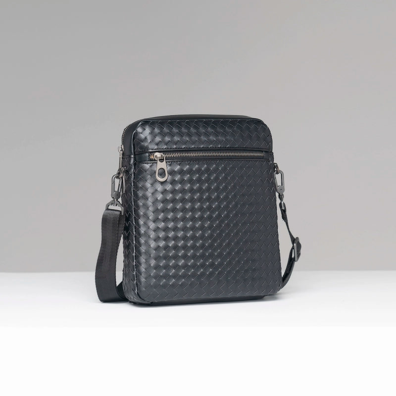 X&BV单肩包男真皮编织竖款时尚背包大容量休闲商务斜挎包男士包包