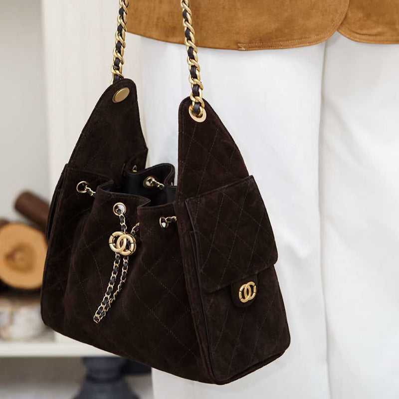 菱格托特包磨砂真皮小香风麂皮绒链条腋下包反绒皮单肩通勤包包女