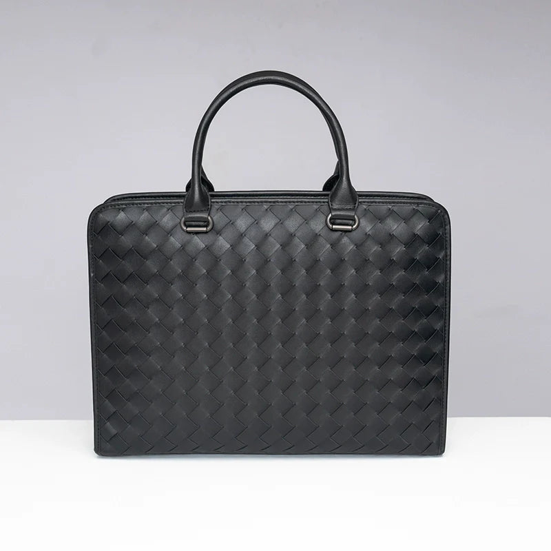 X&BV公文包男真皮横款大容量编织商务单肩斜挎包男休闲男士手提包