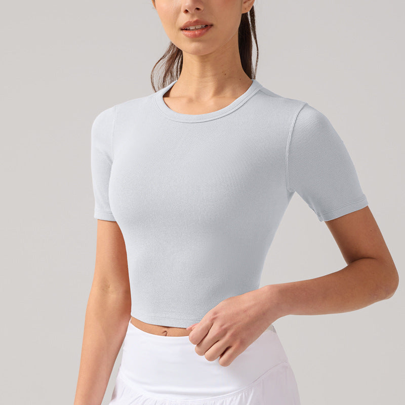 夏季圆领短袖T恤女露脐修身显瘦罗纹瑜伽服抗菌透气速干运动上衣