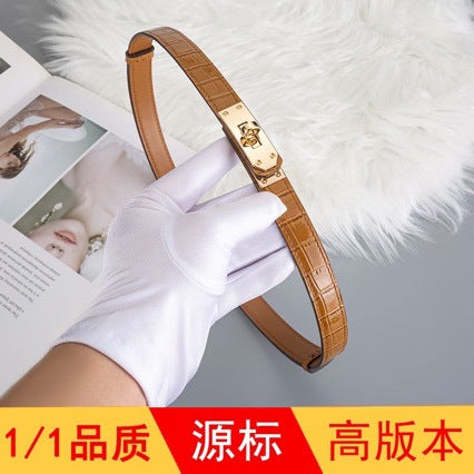 鳄鱼纹H家kelly免打孔皮带女真皮百搭装饰凯莉细腰带配大衣西装