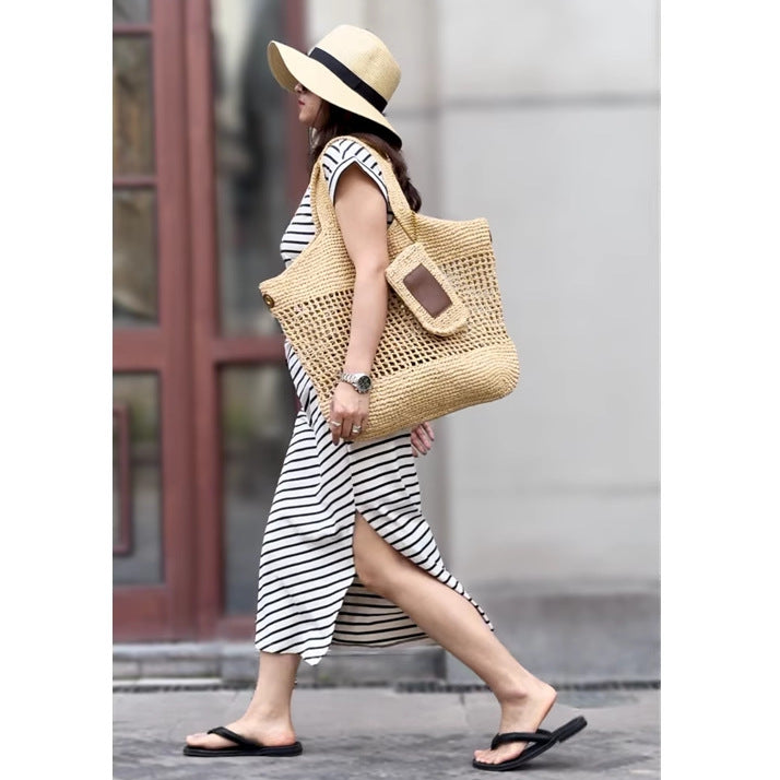 流浪旅行编织草编包托特包单肩大包女大容量通勤包拉菲草腋下包