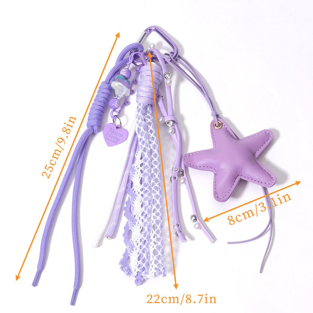 跨境热销包包挂件紫色皮五角星百搭挂饰钥匙扣编织绳包挂件桃心挂