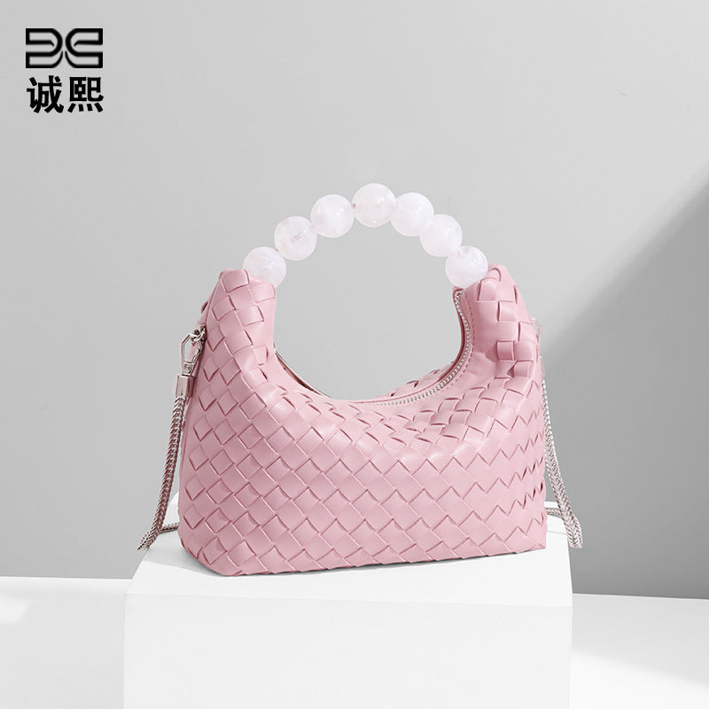 批发包包女高质量全手工编织软皮饭盒包简约风珍珠手提单肩斜挎包