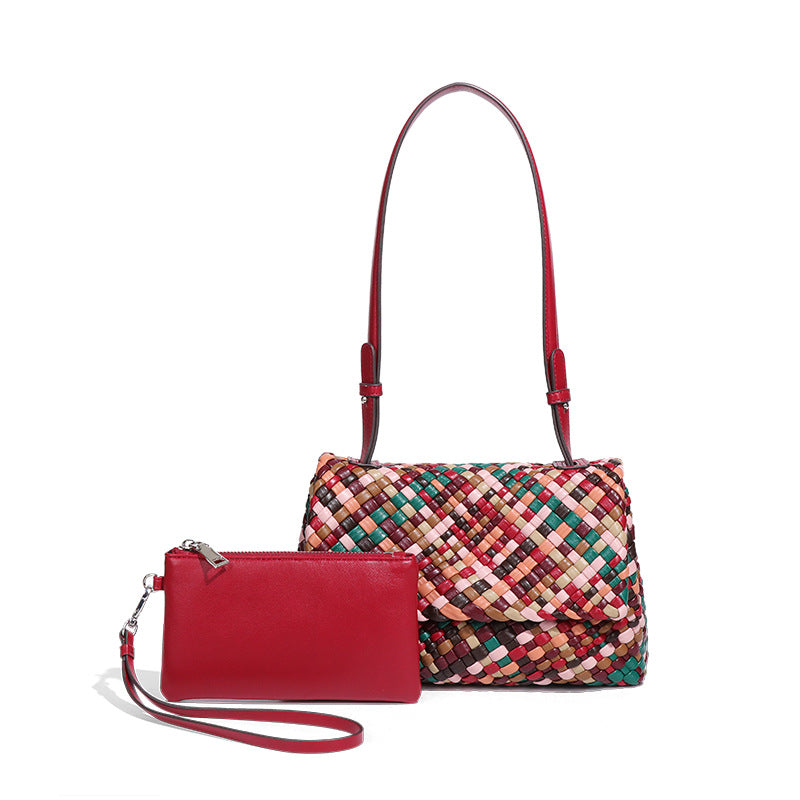 欧美新款彩色手工编织女包个性潮流单肩腋下包小众百搭子母斜跨包