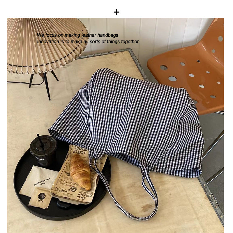 黑白格子帆布包大容量托特包包女休闲慵懒风购物袋轻便单肩包大包