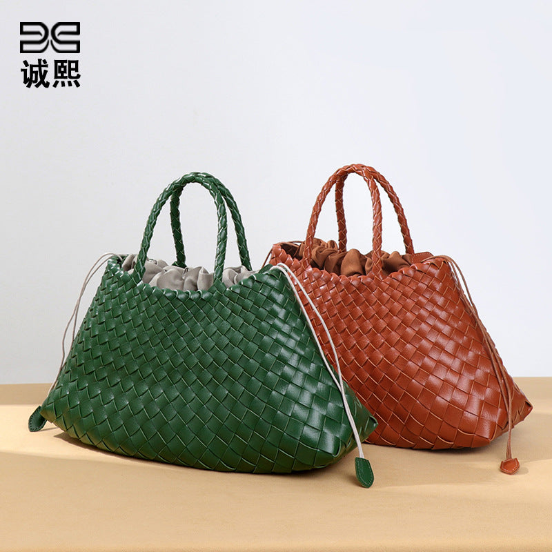 高级感纯色大容量子母手提包纯手工编织女包复古潮流菜篮子托特包
