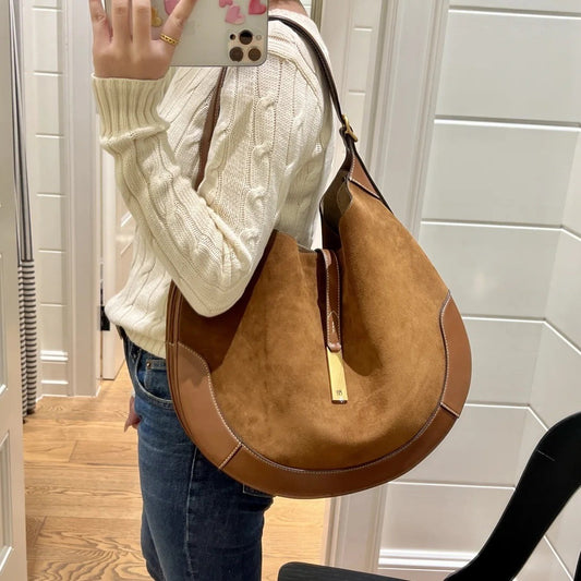 平价显贵慵懒老钱风郑秀晶同款单肩斜挎腋下麂皮拼色ID托特包大容