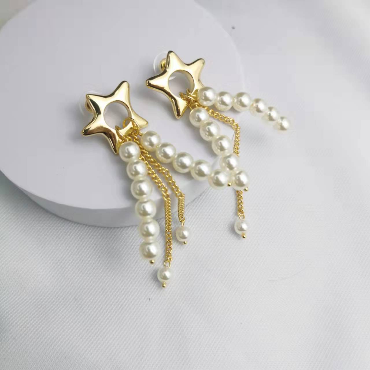 CELI21新款法式五角星珍珠流苏耳钉女高级感气质不对称耳环