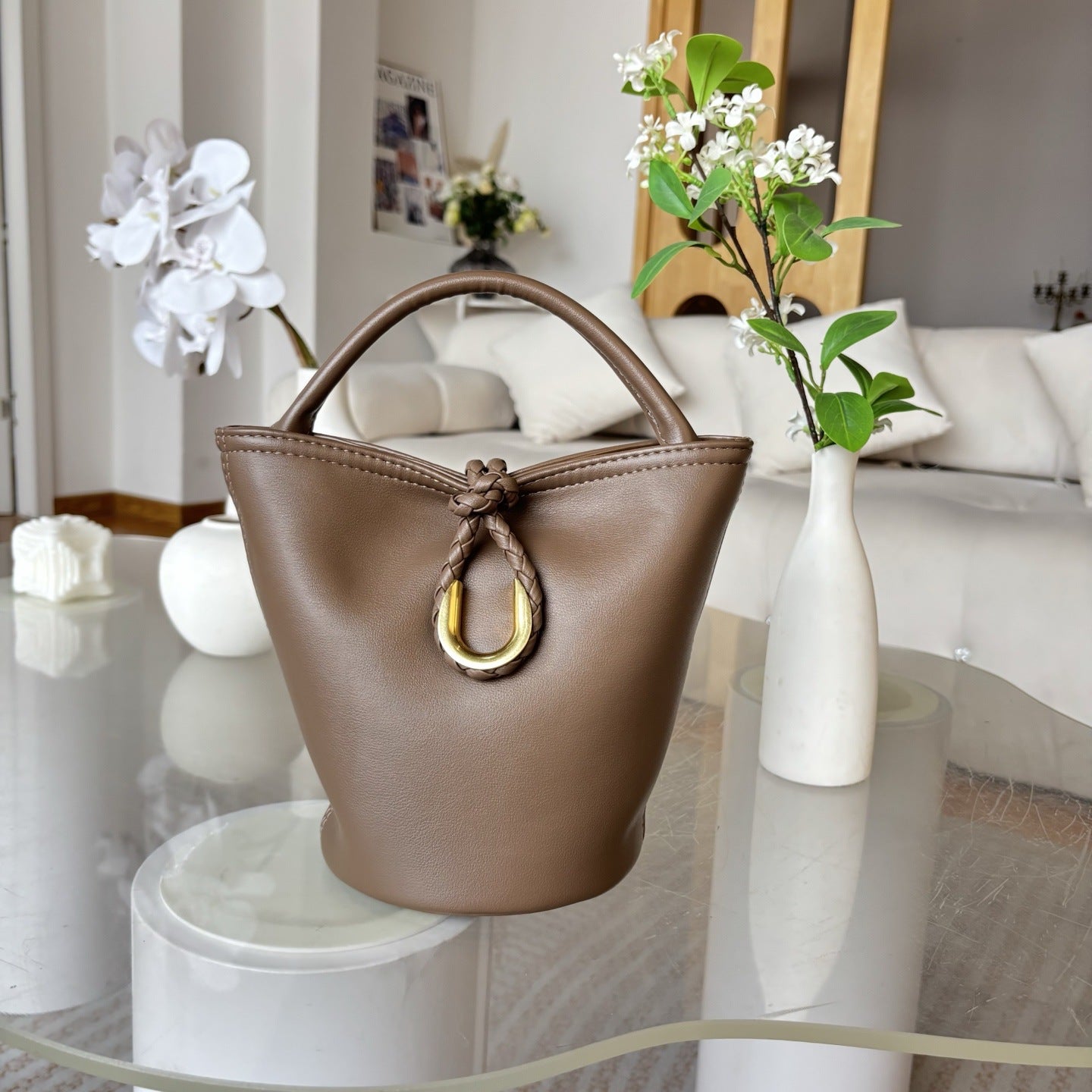 2025新款跨境编织绳结水桶包真皮手拎菜篮子包单肩斜挎小包包女