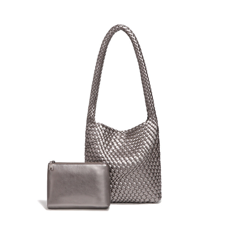 欧美风潮流单肩托特包时尚简约手工编织包包软皮大容量子母腋下包