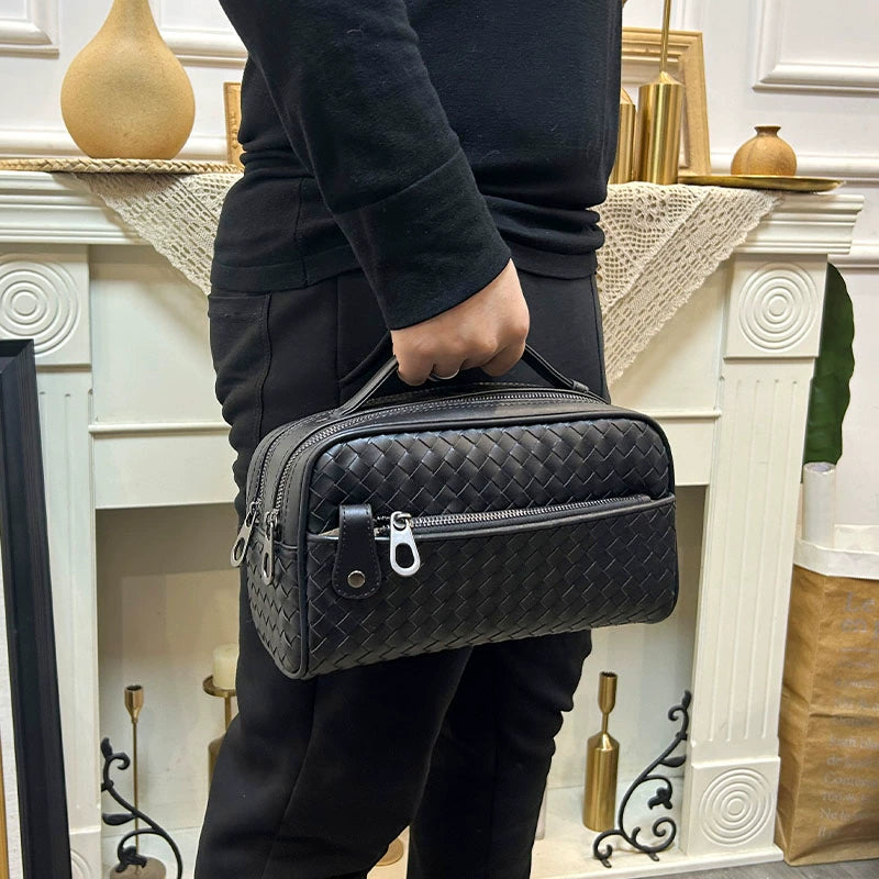 X&BV手包男真皮手挽包男士编织大容量收纳洗漱包双拉链手拿包新款