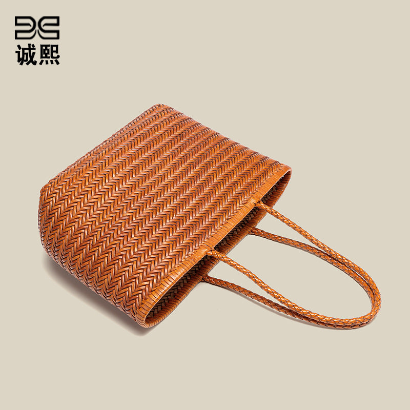 ins新款菜篮手提包休闲百搭手工编织托特包大容量牛皮单肩腋下包