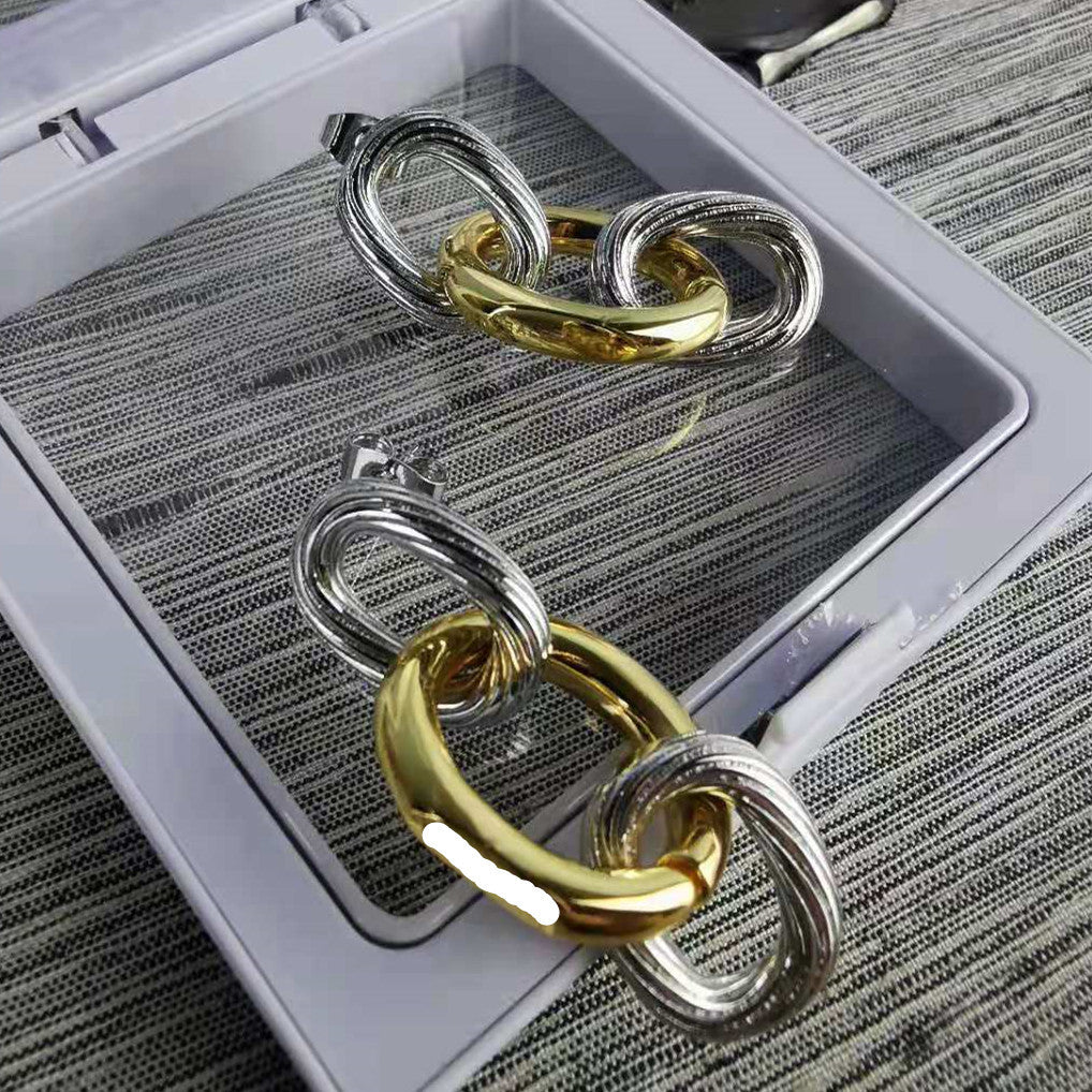 巴家新款链条耳环耳坠ins简约时尚复古拼色椭圆环三环扣耳钉女