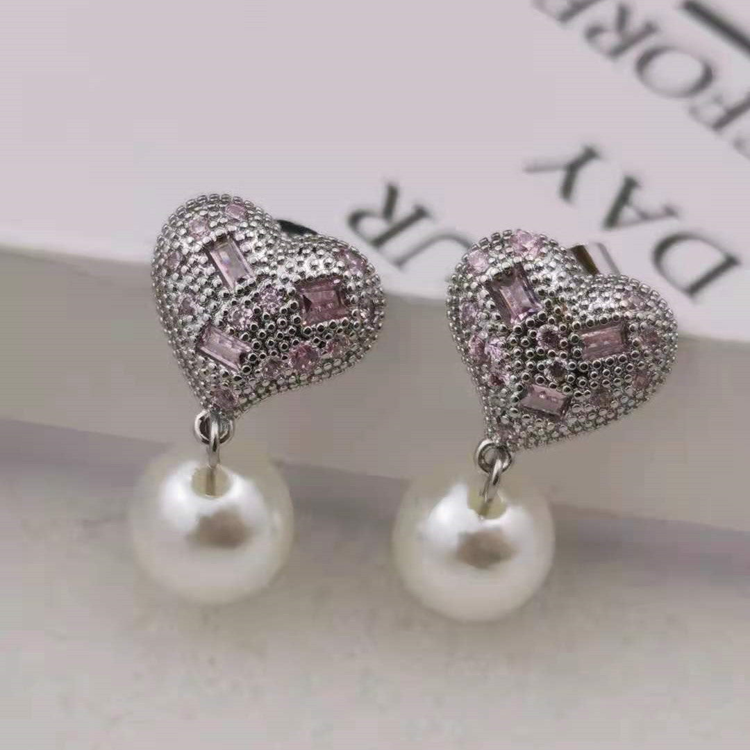 缪家21新款粉水晶心形珍珠耳环批发高级感气质几何形粉钻爱心耳钉