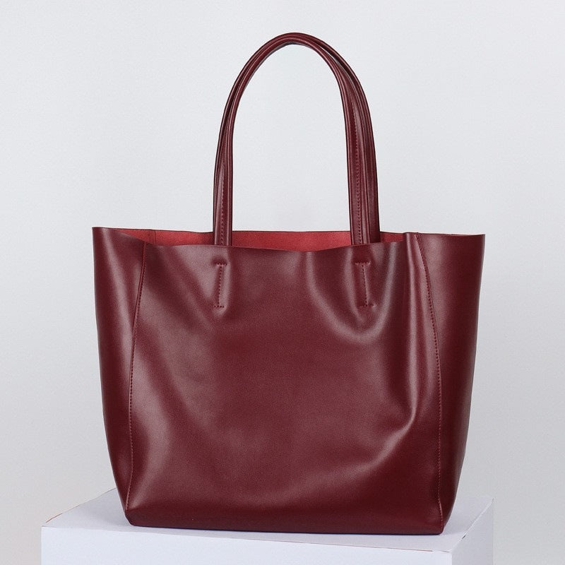 韩版大容量通勤包妈咪购物包牛皮简约真皮托特包单肩斜跨笔记本包