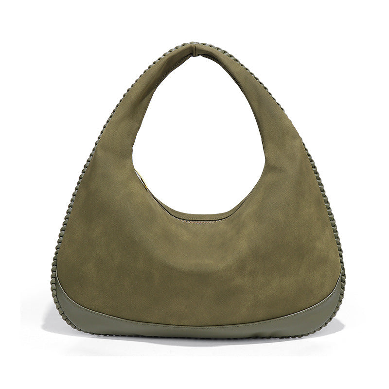 新款麂皮绒磨砂单肩女包复古大容量通勤腋下包手拎百搭时尚月牙包