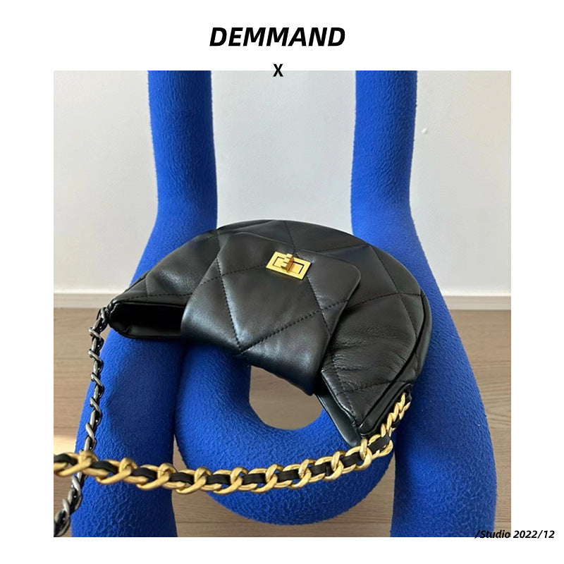 2023新款小香风复古拼接链条月牙腋下包真皮斜跨月牙包女单肩