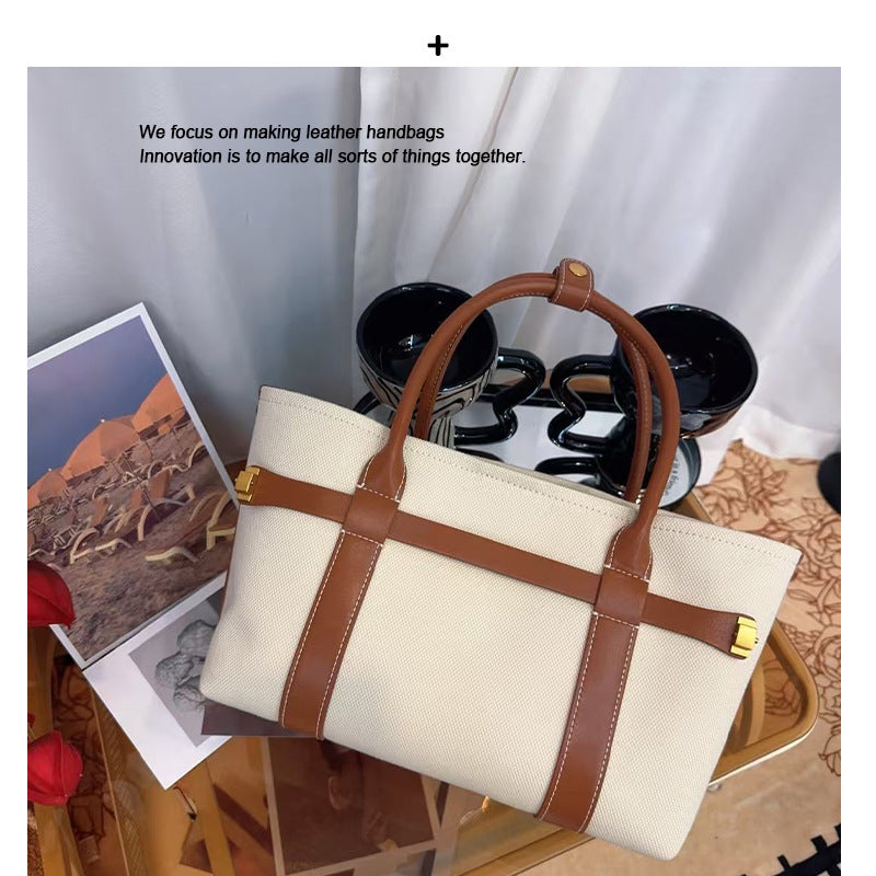 帆布托特包包女2025新款高级感小众设计撞色手提包大容量通勤百搭