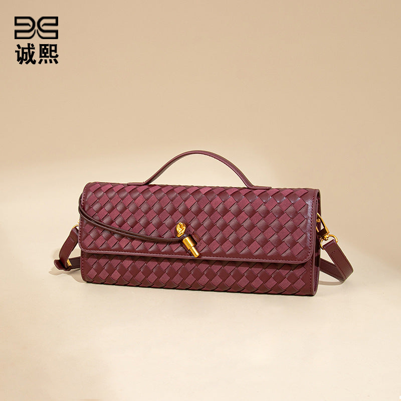 个性时尚双拼编织晚宴包时尚横版手拿法棍包休闲百搭单肩斜挎女包