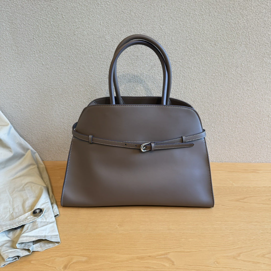 头层牛皮皮带装饰托特包大容量单肩手提包高级慵懒感马鞍包包女