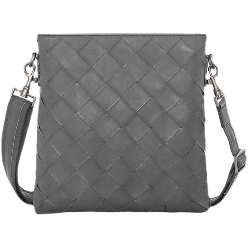 X&BV真皮男包单肩包时尚休闲竖款小背包编织男士包包商务男斜挎包