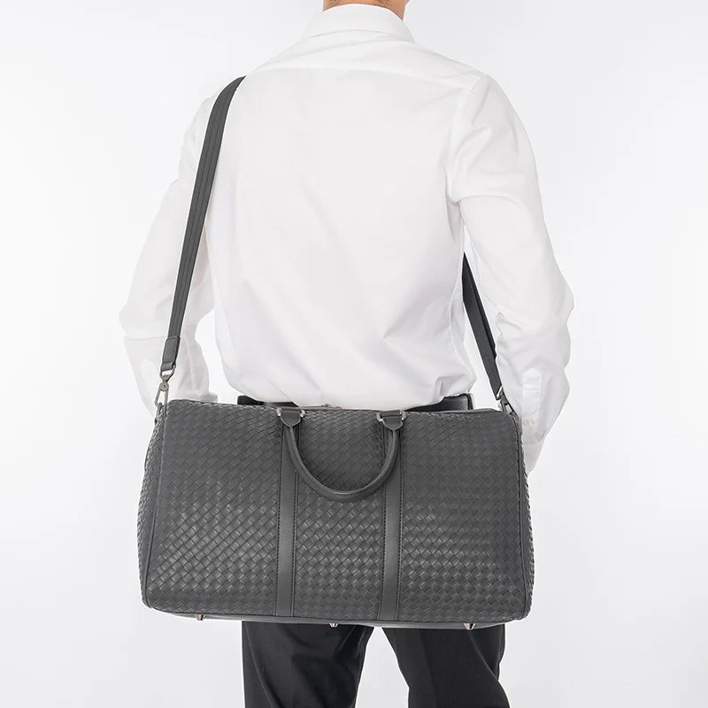 X&BV潮牌真皮男包旅行包单肩包斜挎包韩版大容量手提包背包男编织