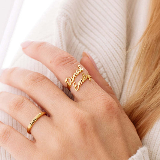 DIY时尚18K镀金情侣双名字戒指不锈钢开口字母一件代发原创设计