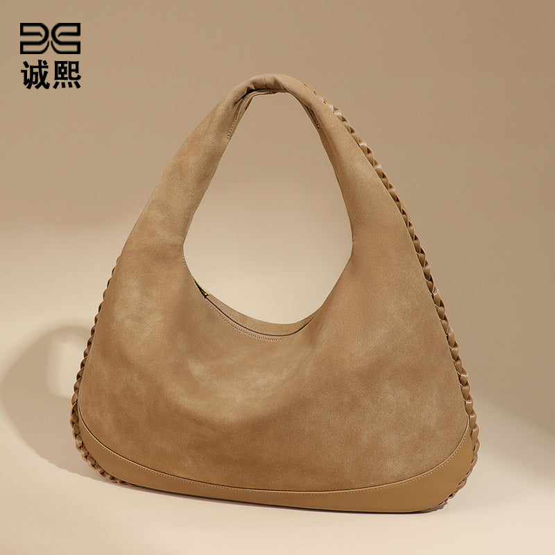 新款麂皮绒磨砂单肩女包复古大容量通勤腋下包手拎百搭时尚月牙包