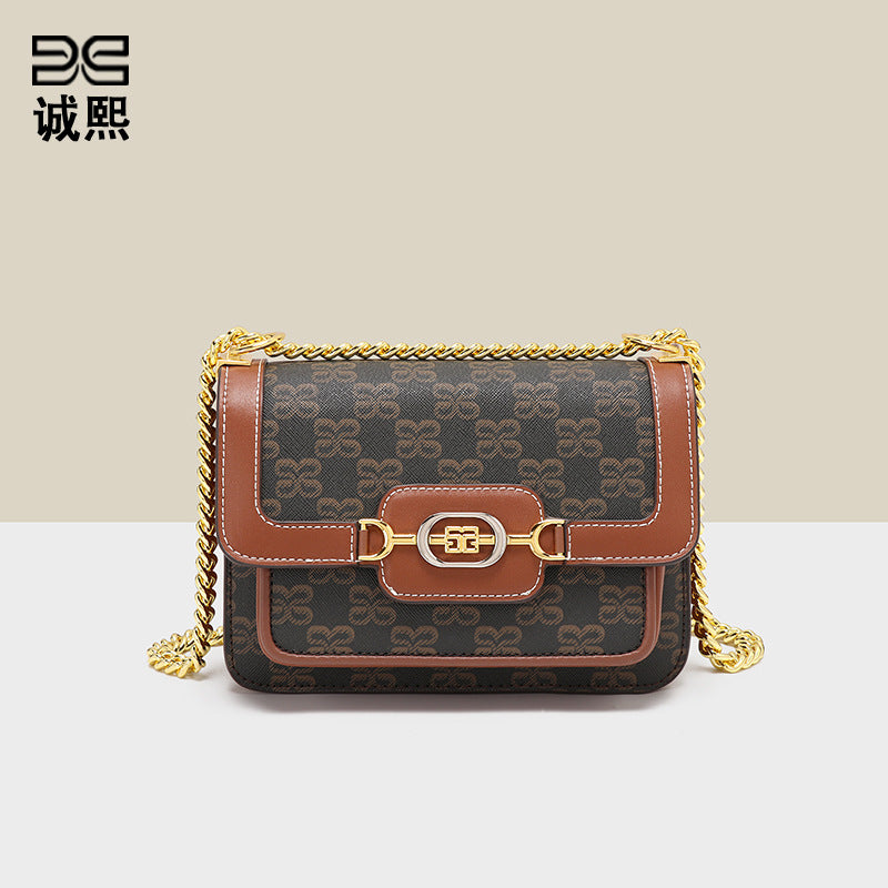 时尚经典老花小方包大容量质感印花单肩包通勤百搭复古链条斜挎包