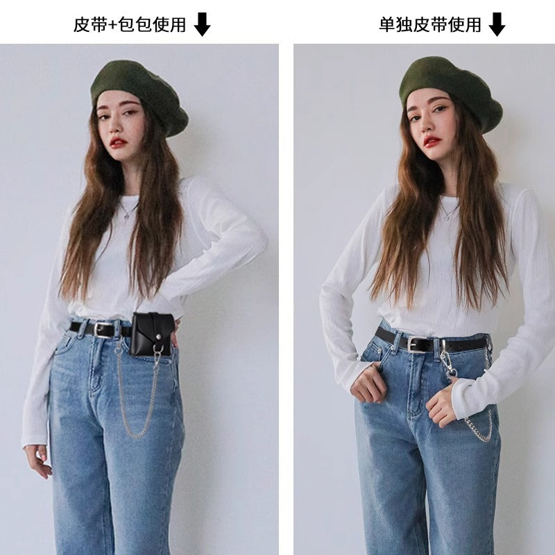 腰包腰带女高级感链条真皮装饰大衣配连衣裙子西装朋克小皮带黑色