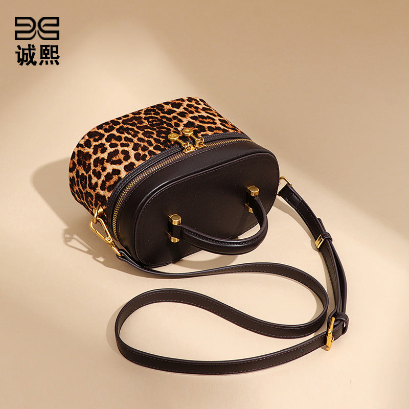 复古真皮马毛手拎化妆盒子包时尚豹纹新款单肩包小众百搭斜挎女包
