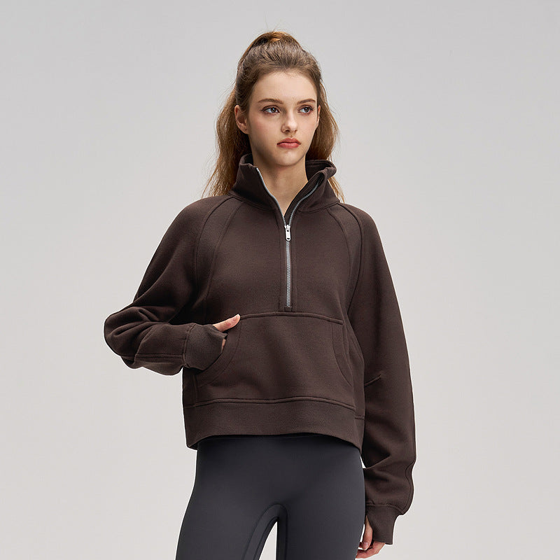 防风运动外套女加绒加厚半拉链宽松瑜伽健身服棉lulu烟囱高领卫衣