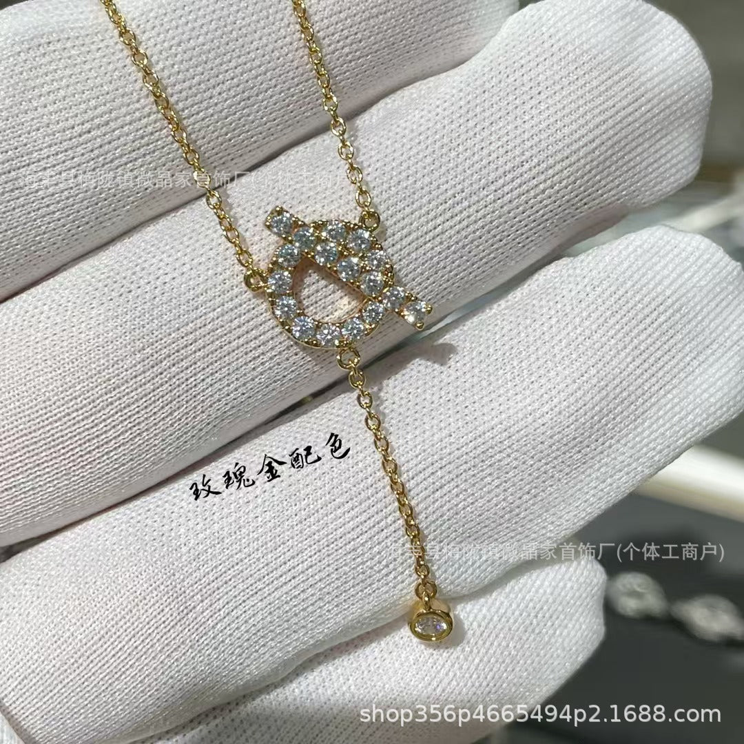 H家猪鼻子Q字流苏项链s925银镀18K满钻爱玛家轻奢小众字母锁骨链