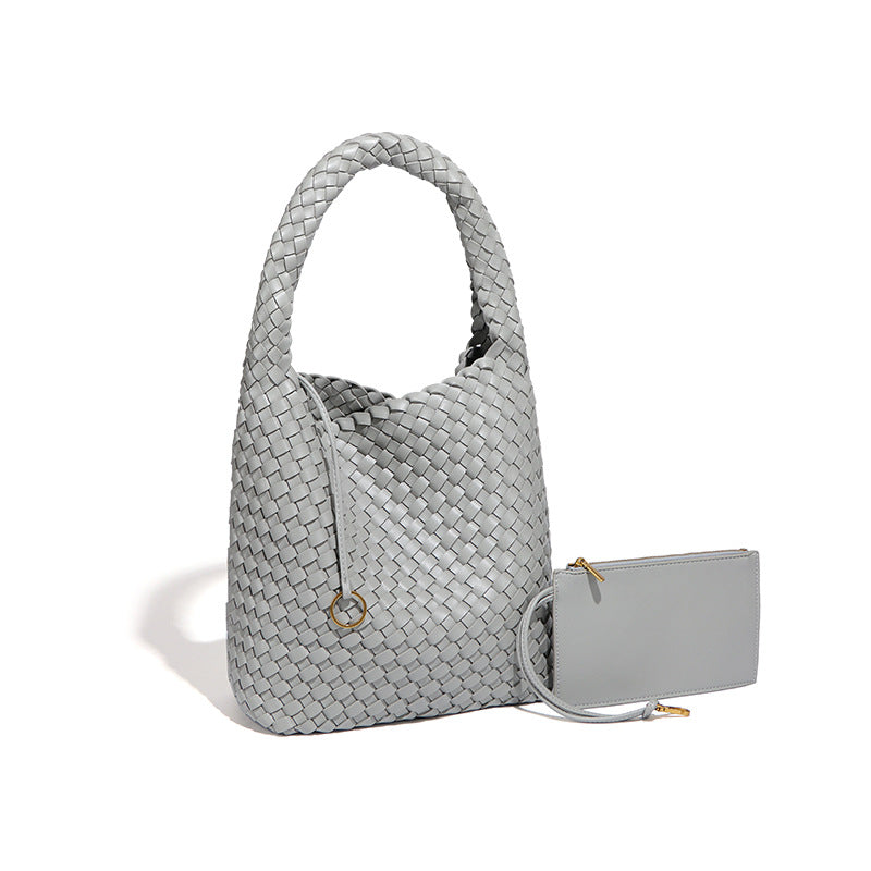 源头工厂定制LOGO贴标单肩腋下包时尚手工编织包大容量子母托特包