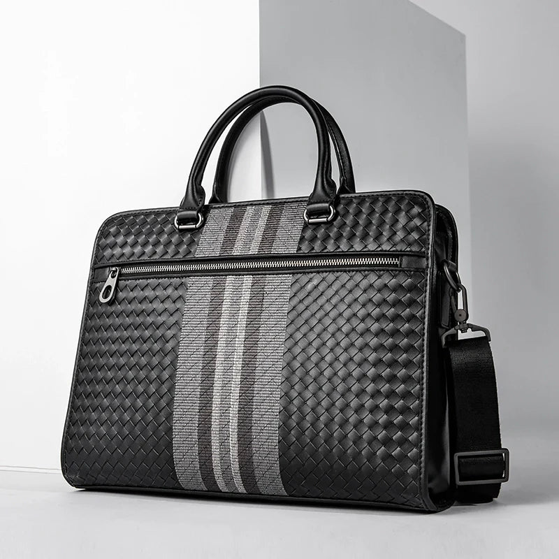 X&BV男士公文包商务手提包真皮编织男包单肩斜挎包牛皮电脑手拎包