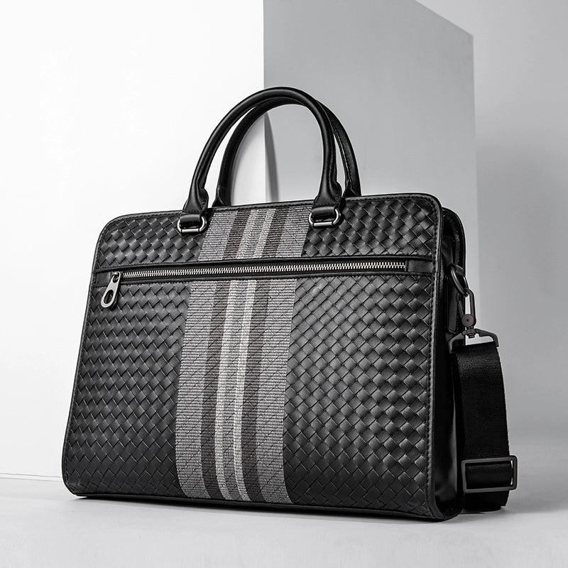 X&BV男士公文包商务手提包真皮编织男包单肩斜挎包牛皮电脑手拎包