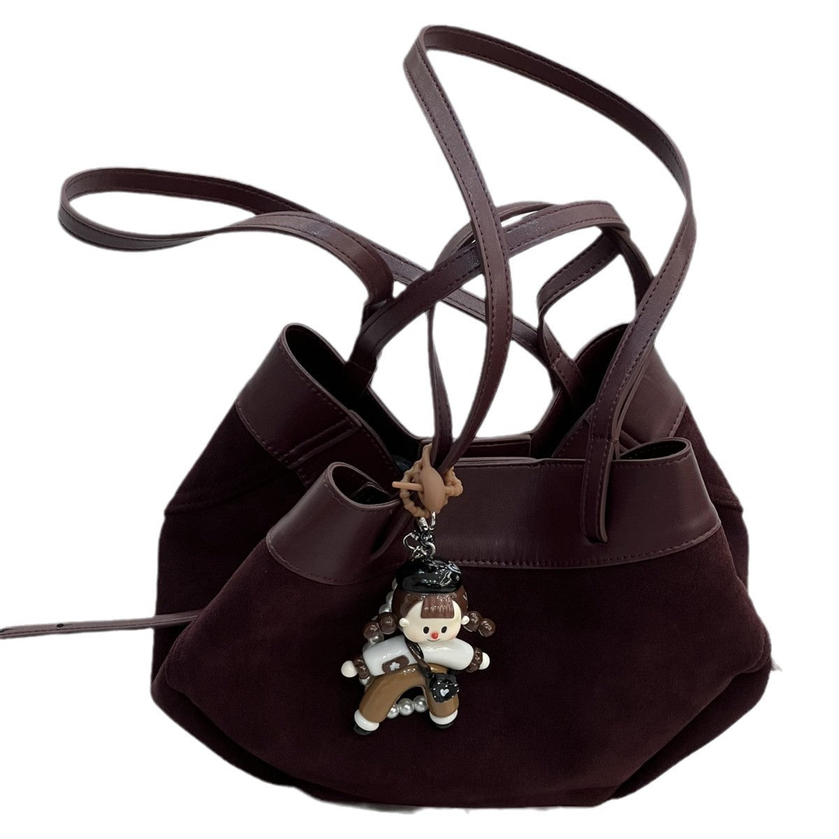 磨砂真皮菜篮子包水桶包包女高级感小众手提包麂皮绒斜挎包锦囊包