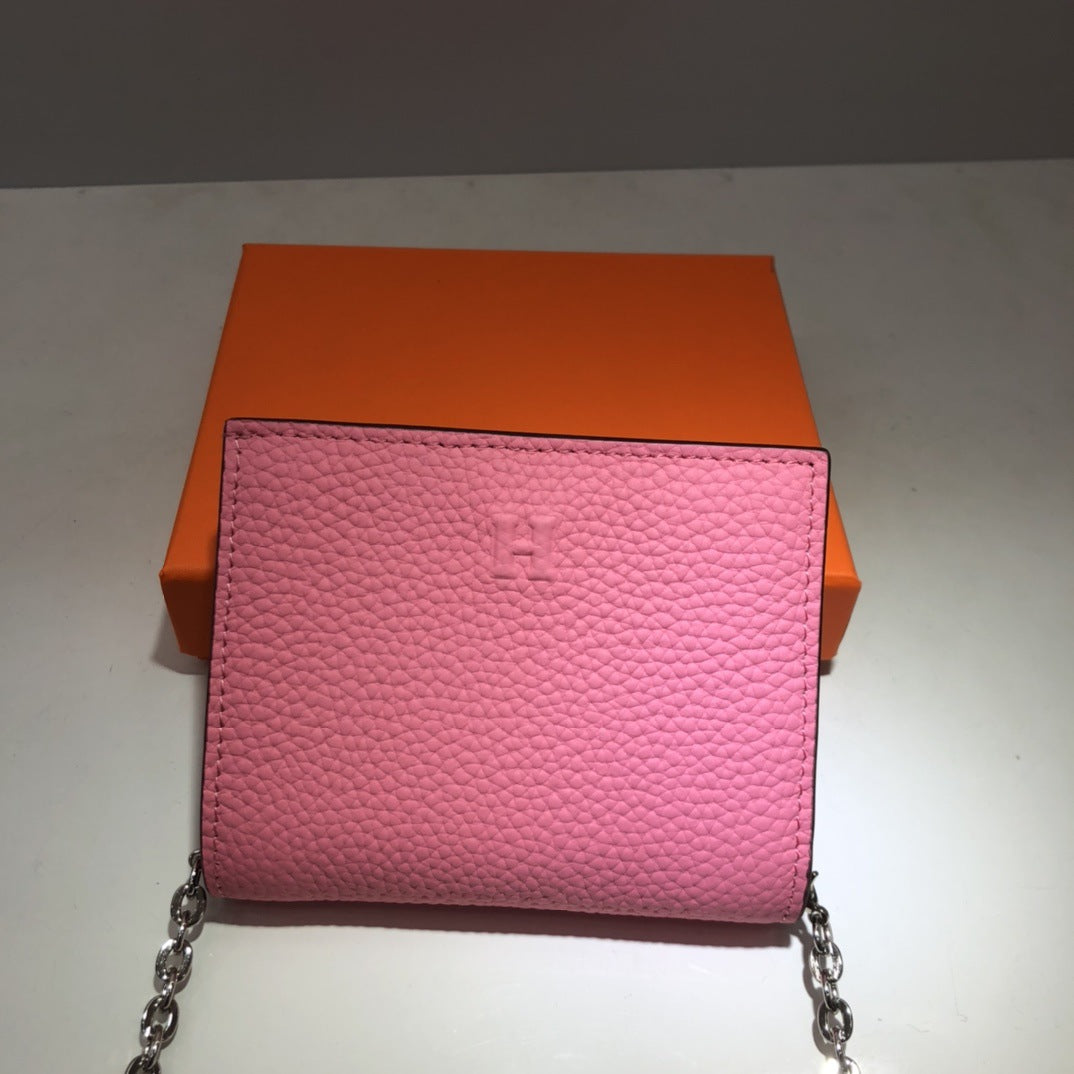 H家荔枝纹短款钱包 多功能凯莉链条包零钱包一体单肩斜挎小方包女