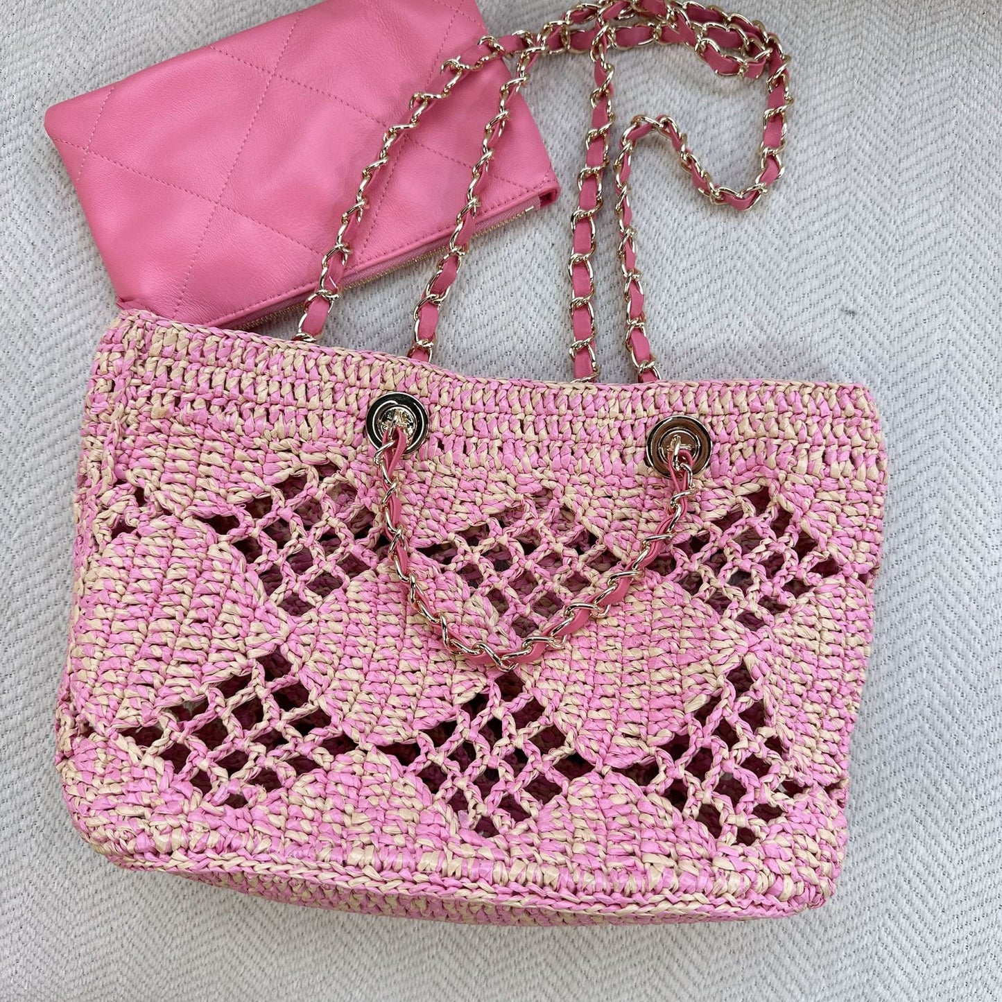 网格拉菲草编织包夏日多巴胺海边沙滩包森系菱格镂空包链条托特包