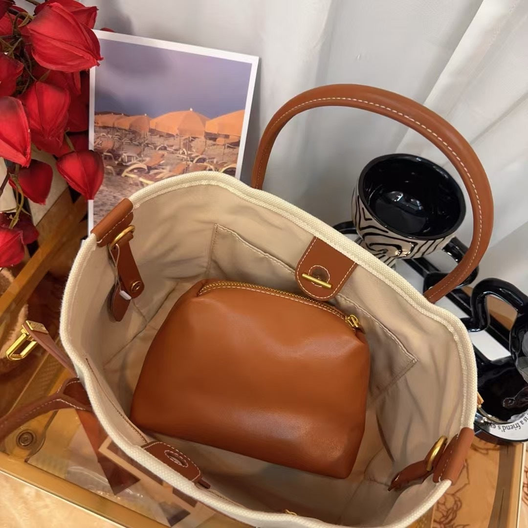 帆布托特包包女2025新款高级感小众设计撞色手提包大容量通勤百搭